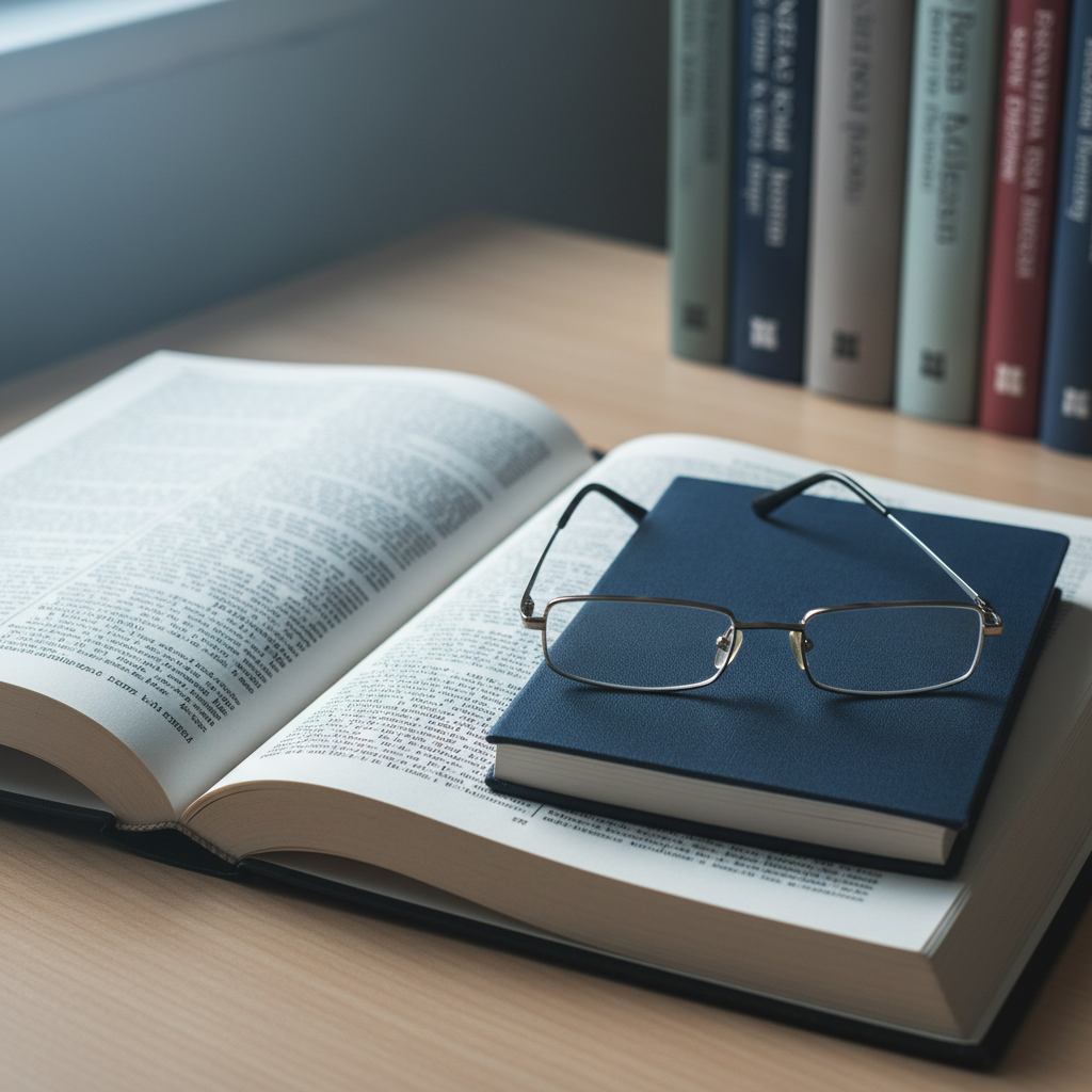 A close-up view of a neatly organized desk dedicated to language study, featuring an open Bosnian–English dictionary with crisp, cream-colored pages, a closed notebook with a textured navy cover, and a pair of slim, rectangular reading glasses folded precisely on top. The desk surface is a light, matte-finished wood, and in the background, slightly out of focus, stand upright reference books with subtle, bilingual titles on their spines. Soft, cool natural light from a nearby window falls diagonally across the scene, producing gentle shadows between the pages and slight highlights on the notebook’s edges. Shot from a slightly elevated angle with shallow depth of field, the image feels focused, methodical, and academic, reflecting language and education programs with clean photographic realism.