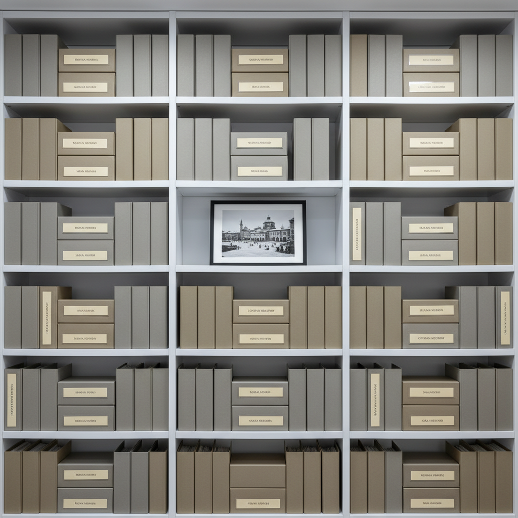 An elegant display of archival-quality folders and slim, labeled document boxes in soft grey and beige tones, organized precisely along open white shelving. Discreet spine labels reference topics like Bosnian heritage, diaspora research, and cultural archives. A single, neatly framed black-and-white photograph of Sarajevo’s historic architecture rests on one shelf, adding visual focus. Cool, even overhead lighting creates a balanced, shadow-free environment with subtle highlights on the smooth surfaces. Shot straight-on with sharp focus from edge to edge and a carefully symmetrical composition, the scene feels orderly, serious, and trustworthy, reflecting the rigor and professionalism of a research-focused cultural institute in a realistic photographic style.