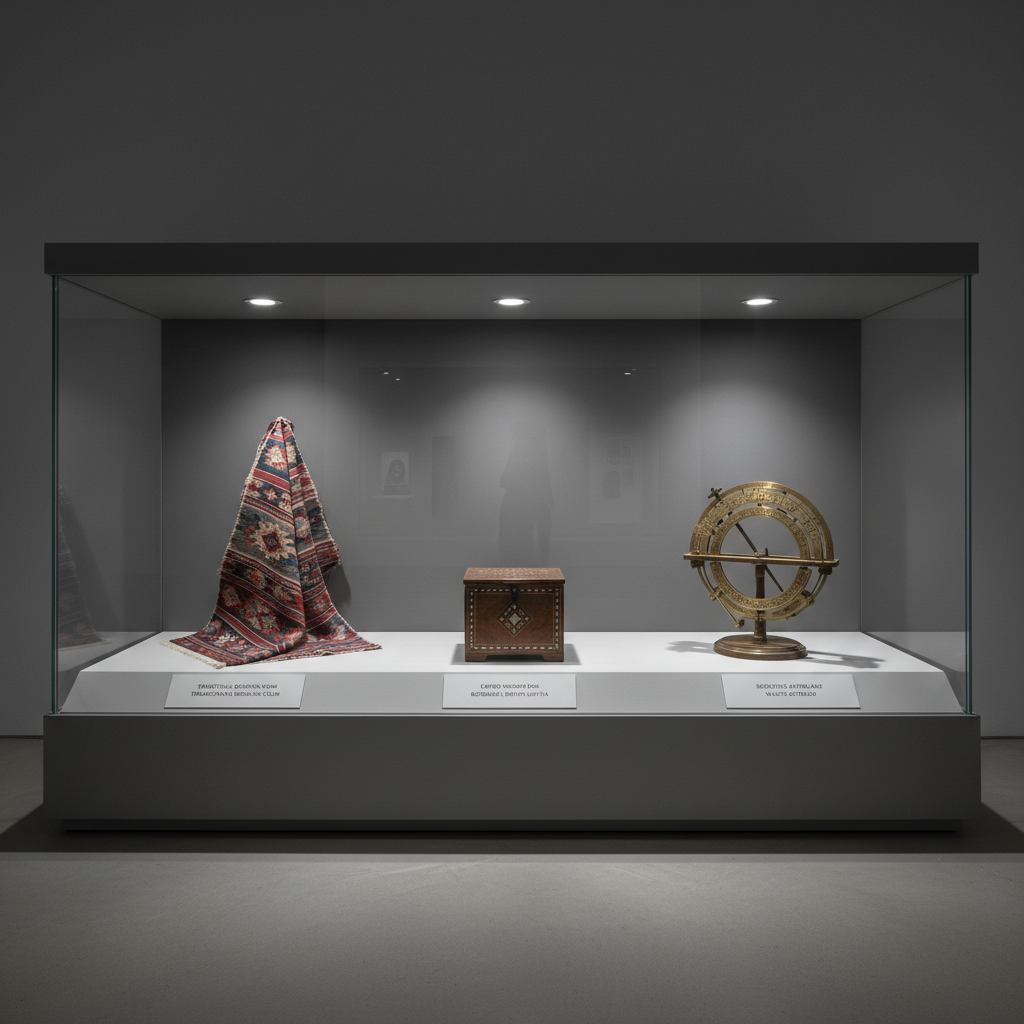A minimalist, glass-fronted display case containing a carefully arranged selection of Bosnian cultural artifacts: a finely woven textile in muted reds and blues, an intricately carved wooden box, and a small, aged scientific instrument with brass details. Each item has a small, uniform caption card printed in English and Bosnian. The surrounding environment is a quiet gallery with neutral grey walls and an untextured, pale floor. Focused, museum-style spotlights from above create controlled pools of light that accentuate textures while keeping the background discreet. Photographed at eye level with a balanced, slightly off-center framing, the image conveys preservation, scholarship, and respect for heritage in a clean, structured, professional photographic style.