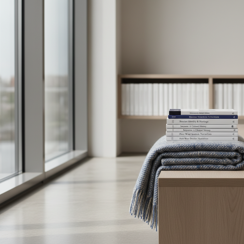 A neutral-toned reading nook featuring a low stack of academic journals and reports on Bosnian cultural studies, placed beside a neatly folded, textured wool throw in subtle blue and grey reminiscent of the Bosnian flag. They rest on a light, matte-finished side table near a floor-to-ceiling window, through which soft overcast daylight enters, casting delicate, diffuse shadows. Behind them, a blurred row of simple, white book spines creates a restrained backdrop. The composition follows the rule of thirds, with moderate depth of field that keeps the primary objects crisp. The mood is calm, thoughtful, and intellectually engaging, photographed in a clean, modern corporate style ideal for pages about education and research initiatives.