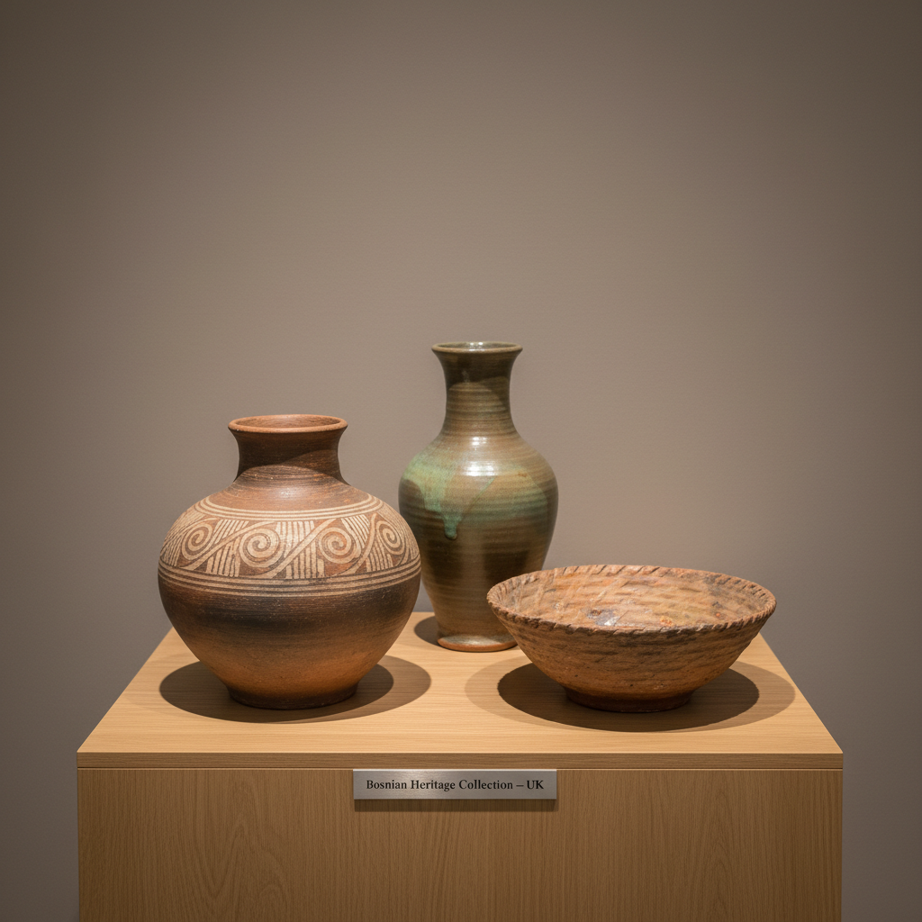 A carefully curated arrangement of three traditional Bosnian pottery pieces in muted earth tones, displayed on a minimalist, light oak plinth against a soft, warm-grey wall. Fine surface textures, delicate engraved patterns, and subtle glazed highlights are clearly visible on each piece. A small, unobtrusive museum-style label strip at the base mentions “Bosnian Heritage Collection – UK.” Soft, directional gallery lighting from above and slightly to the side creates gentle, elongated shadows and emphasizes form without harsh contrast. Photographed at a slightly elevated angle with a clean, uncluttered background and shallow depth of field, the image feels refined, contemplative, and respectful, suitable for illustrating the institute’s work in preserving arts and heritage.