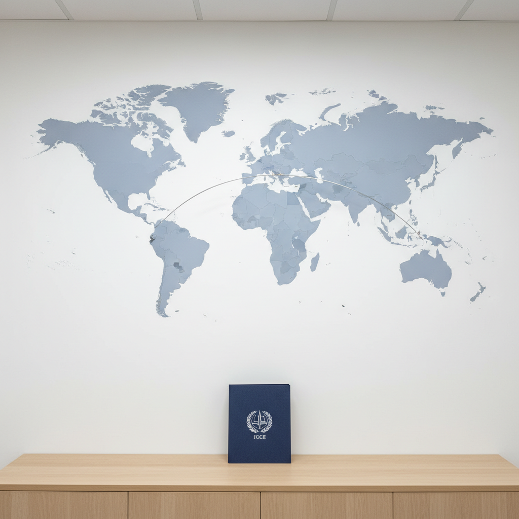 A large, wall-mounted world map in soft, desaturated blues and greys with Bosnia and Herzegovina and the United Kingdom subtly highlighted in slightly deeper tones, connected by a fine, metallic line suggesting cultural and scientific ties. The map hangs on a smooth, pale wall above a minimalist credenza with a single, closed navy-blue document folder embossed with a discrete institute emblem. Even, cool-white office lighting illuminates the scene, avoiding glare while adding gentle reflections on the metallic details. Captured straight-on with a wide, balanced composition and sharp focus, the image conveys international connection, diplomacy, and professionalism in a photographic, corporate aesthetic that supports content about global collaboration and cultural diplomacy.